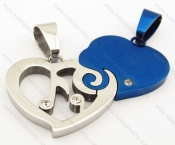 Stainless Steel Inlay Stone Blue Plating Double Heart Couples Pendants - KJP051033
