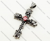 Stainless Steel Red Zircon Stone Crown Cross Pendant - KJP090330