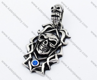 Stainless Steel Blue Stone Wizard Skull Pendant - KJP090367