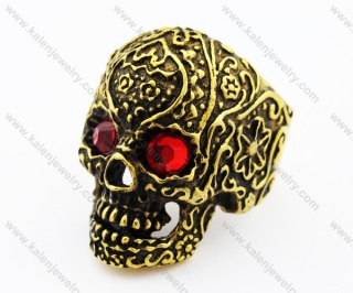 Gold Plating Stainless Steel Inlay Red Stone Eyes Skull Ring - KJR010191