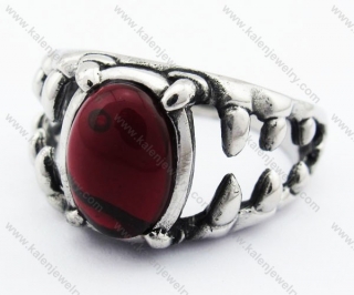 Stainless Steel Inlay Dark Red Stone Beast Mouth Sharp Teeth Ring - KJR370018