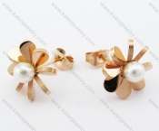 Stainless Steel Rose Gold Flower Ear with pearl Stud / Ear Nail - KJE050908