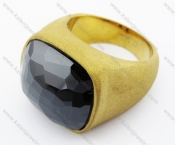 Gold Plating Polished Stainless Steel Black Stone Ring - KJR010222