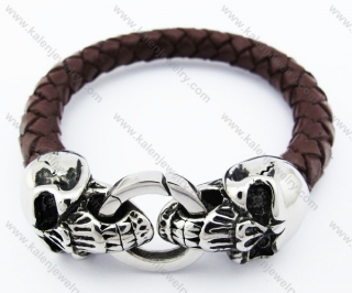 Stainless Steel Skull Clasp Brown Leather Bracelet - KJB400004