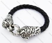 Stainless Steel Black Tiger Head Clasp Leather Bracelet - KJB400007