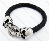 Stainless Steel Black Skull Buckle Leather Bracelet - KJB400008