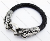 Stainless Steel Dragon Head Clasp Black Leather Bracelet - KJB400009