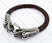Stainless Steel Brown Dragon Head Buttons Leather Bracelet - KJB400010