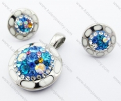 Colourful Rhinestones Round Pendant & Earrings Steel Jewelry Set - KJS410004