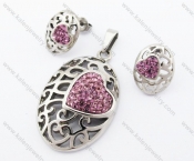 Pink Heart Rhinestones Flower Pendant & Earrings Jewelry Set - KJS410020