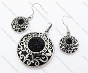 Black Rhinestones Flower Pendant & Earrings Jewelry Set - KJS410025