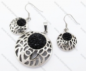 Black Rhinestones Flower Pendant & Earrings Jewelry Set - KJS410027