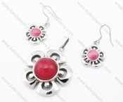 Red Stone Flower Pendant & Earrings Jewelry Set - KJS410037