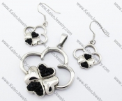 Black Rhinestones Clover Pendant & Earrings Jewelry Set - KJS410073