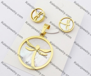 Gold Steel Dragonfly Earrings & Pendant Jewelry Set KJS050071