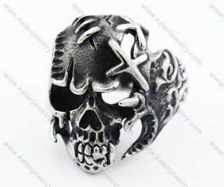 Stainless Steel with Scars & Patches Skull Ring - KJR370003