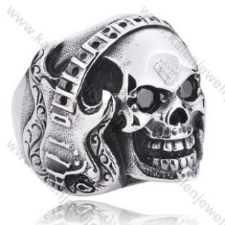 Stainless Steel Black Stone Eyes Guitar Skull  Ring - KJR350153