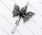 Stainless Steel Black Stone Crown Wings Pendant - KJP090389