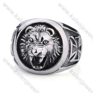 Stainless Steel German WWII Iron Cross Sign Bloodthirsty Lion Ring - KJR350099