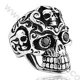 Vintage Stainless Steel Black Stone Eyes Skull Ring - KJR350173