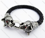 Stainless Steel Red Rhinestone Eyes Wolf Clasp Black Leather Bracelet - KJB400011