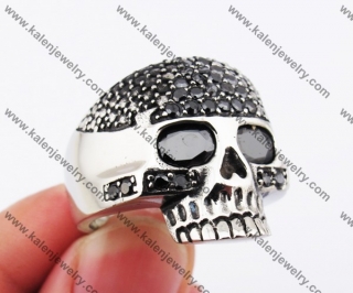 Stainless Steel Overlay Black Stones Skull Ring KJR370201