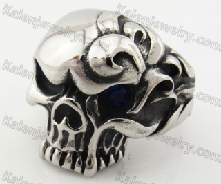 Stainless Steel Blue Zircon Eyes Skull Ring KJR090395